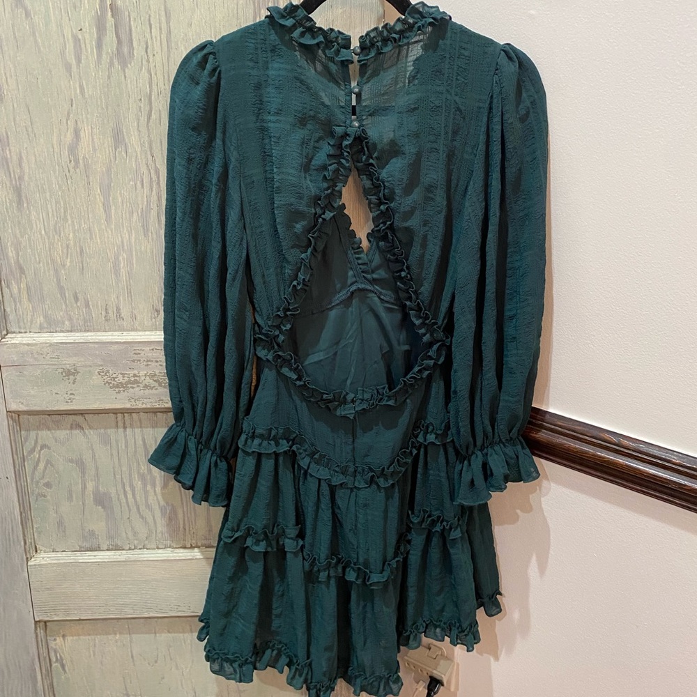Angel Biba Emerald Green Cutout Back Long Balloon Sleeve Tiered Dress Size XS - Picture 5 of 7
